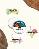 Beard balm container with notes on top, middle, and base notes on a white background