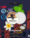 Beard balm packaging with branding and product details on a colorful background