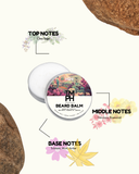 Beard balm container with top, middle, and base notes text on a white background