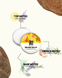 Beard balm container with flavor notes on a white background