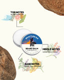 Beard balm container with botanical elements and notes on a white background