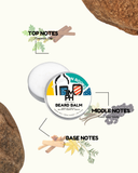 Beard balm container with notes on top, middle, and base notes on a white background