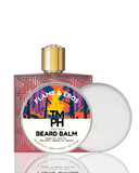 Beard balm with colorful label and gold cap on white background