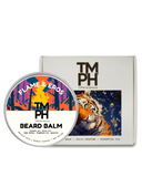 Beard balm container with colorful label and tiger design on a white background