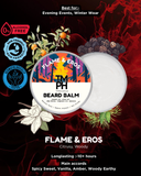 Beard balm container with colorful label on a dark background with floral elements