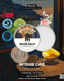 TM PH Intense Café Beard Balm packaging with a café-themed background