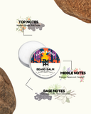 Beard balm container with flavor notes on a white background