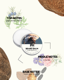 Beard balm container with notes on a white background