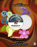 Beard balm container with decorative elements and branding on a colorful background