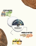 Beard balm packaging with notes on top, middle, and base notes.