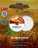 Beard balm packaging with 'Extreme Safari' flavor on a desert-themed background
