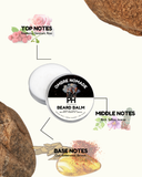 Beard balm container with notes on top, middle, and base notes on a white background