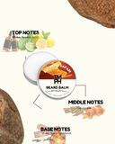 TM PH Beard Balm container with notes on top, middle, and base notes on a white background