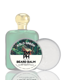 Beard balm with a green bottle and gold cap on a white background