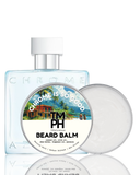 Chrome Beard Balm packaging with tropical scene label on a white background