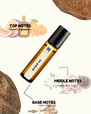 Roll-on bottle with notes on top, middle, and base of a fragrance