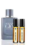Giorgio Armani Acqua di Giò Profondo perfume bottle with two smaller bottles labeled 'ADG Profondo' on a white background.
