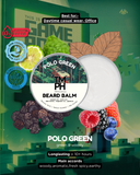 Beard balm packaging with natural elements and branding on a green background