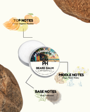 Beard balm container with notes on top, middle, and base notes on a white background