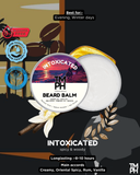 Beard balm packaging with branding and product details on a dark background