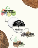 Beard balm container with notes on top, middle, and base notes on a white background