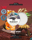 Beard balm packaging with illustrations of oranges, a car, and a person on a red background.