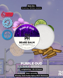 Beard balm packaging with purple label and white container on a colorful background