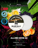 Beard balm container with colorful background elements and product details.