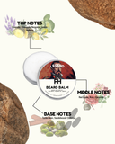 Beard balm container with notes on top, middle, and base scents on a white background.