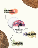 Beard balm container with notes on top, middle, and base notes on a white background