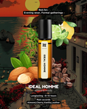 Ideal Homme cologne bottle with almond, cherry, vanilla, and leather notes against a scenic background.