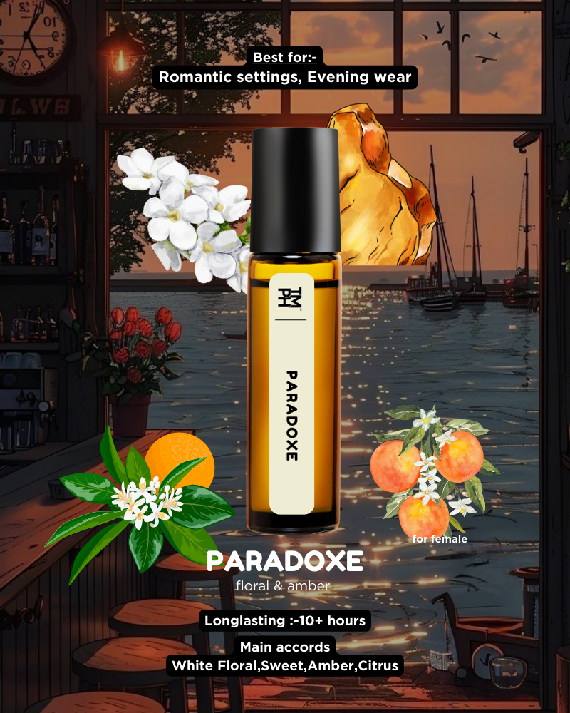 Paradoxe perfume bottle with floral and orange elements in a romantic setting.
