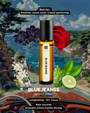 Roll-on bottle of Bluejeanss with scenic background