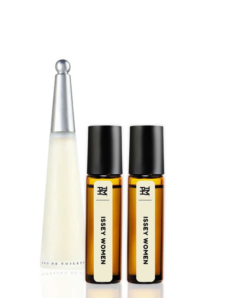 Two Issey Miyake Issey Women perfume bottles on a white background