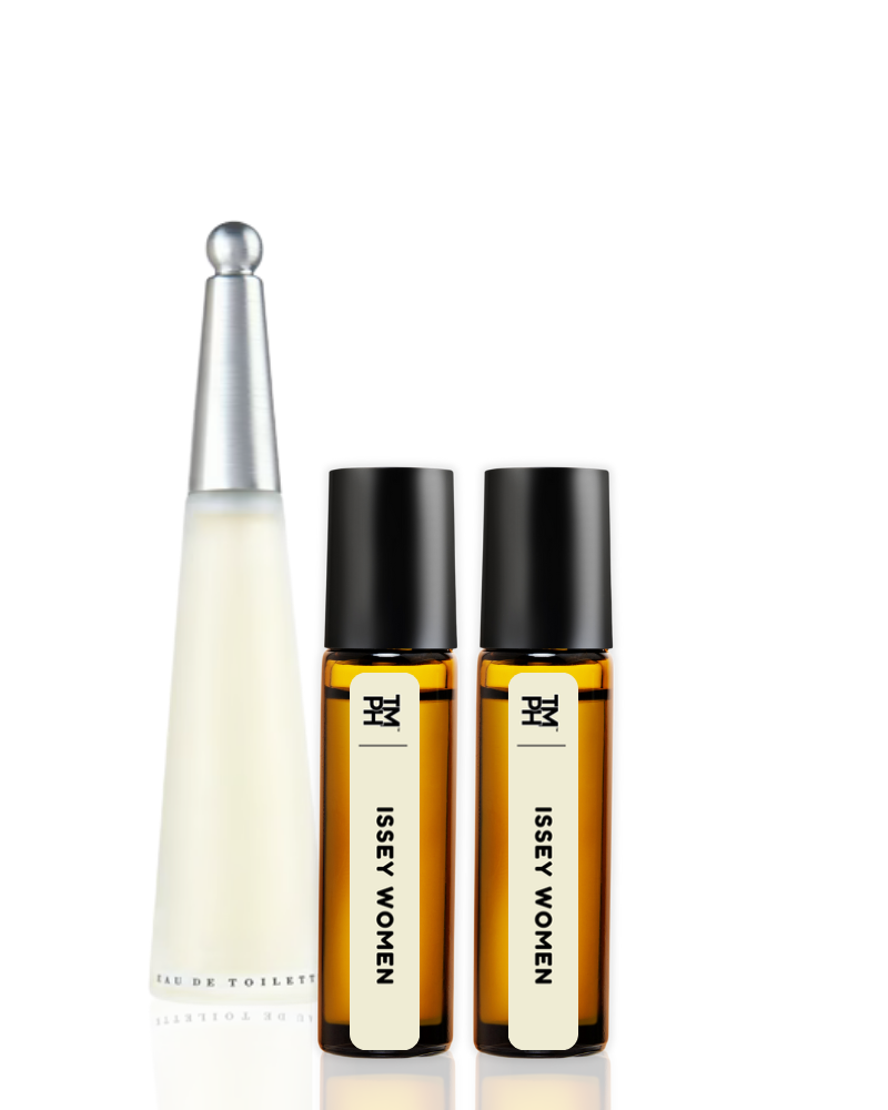 Two Issey Miyake Issey Women perfume bottles on a white background