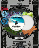 Beard balm packaging with branding and product details on a black background