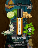 Roll-on bottle labeled 'City of Star' with decorative elements like flowers and a lime on a colorful background.