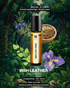 Roll-on bottle of 'Irish Leather' cologne with natural elements in the background