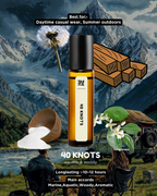 Roll-on bottle of 40 Knots perfume with mountain and nature-themed background