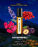 Oud Bombshell perfume bottle with flowers and pumpkins on a night sky background
