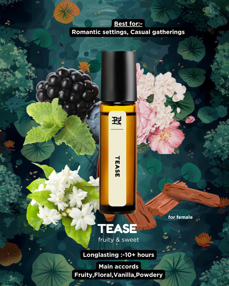 Perfume bottle labeled 'Tease' surrounded by flowers and leaves on a dark background