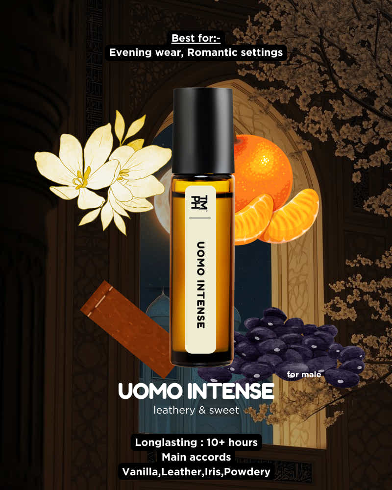 Uomo Intense perfume bottle with floral, fruit, and leather elements on a dark background