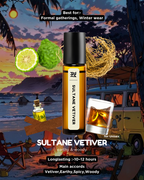 Sultane Vetiver cologne bottle with tropical beach scene and cocktail.