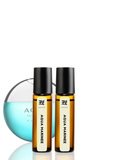 Two Aqua Marinee roller bottles with a clear bottle in the background on a white background