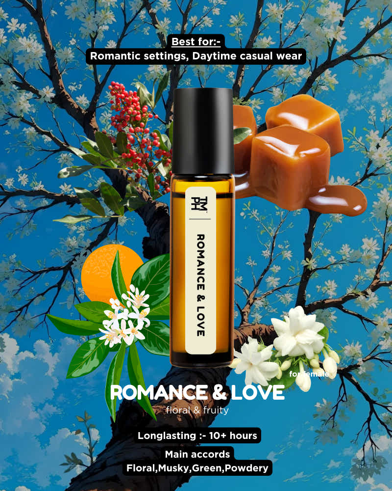 Roll-on bottle labeled 'Romance & Love' with floral and fruit elements on a decorative background.