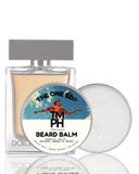Beard balm packaging with a bottle and container on a white background