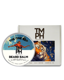 TM PH beard balm container with tiger design and packaging on a white background