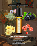 Perfume bottle labeled 'ONE SHOCK FOR HER' with floral and blackberry elements on a vintage background.