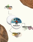 Beard balm container with label and notes on top, middle, and base notes.