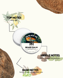 Beard balm container with notes on top, middle, and base notes on a white background